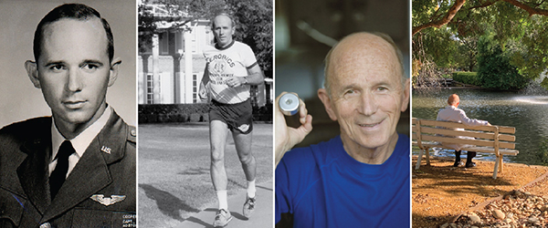 Four photos of Dr. Kenneth Cooper - military headshot, running on outdoor track at Cooper Aerobics Center, lifting weights, sitting on bench at Cooper Aerobics Center